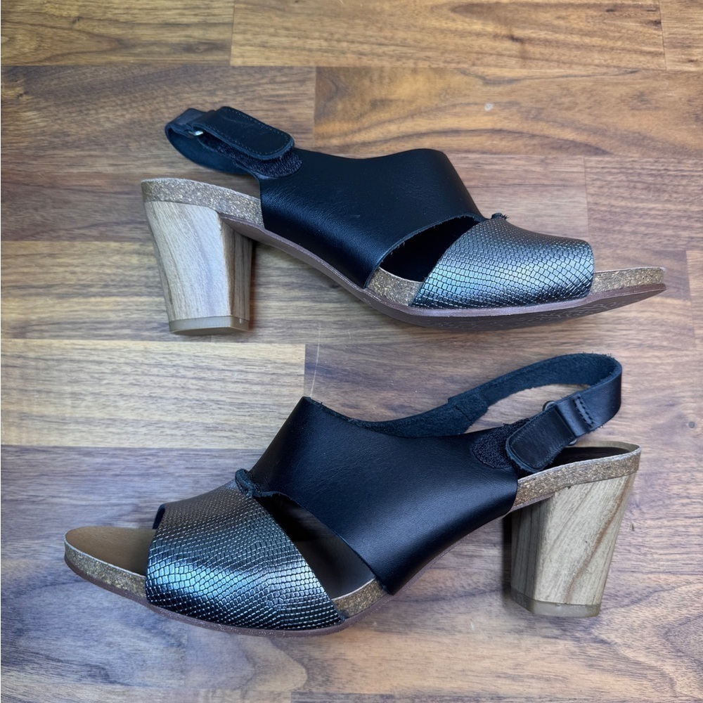 Black and Metallic Slingback Block Platform Heel Sandals Sz 40 Or W Sz 9